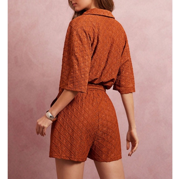 Boho Rust Batwing Sleeve Button Belted Romper - Picture 4 of 5